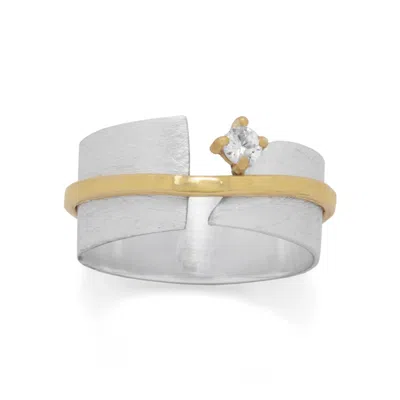 Fashnzfab Two Tone Art Deco Cz Ring In Metallic