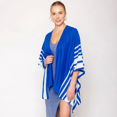Fashnzfab Two Tone Border Ruana Poncho In Blue