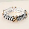Fashnzfab Two Tone Crisscross Accent Stone Bezel Rim Stretch Bracelet Clear, Two Tone In Multi