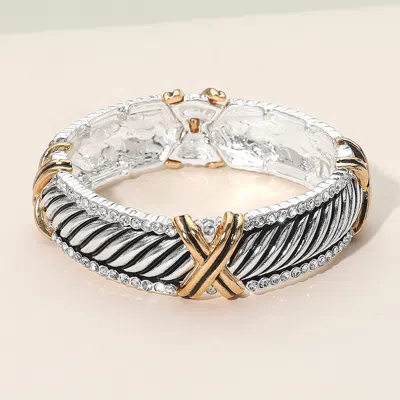Fashnzfab Two Tone Crisscross Accent Stone Bezel Rim Stretch Bracelet Clear, Two Tone In Multi