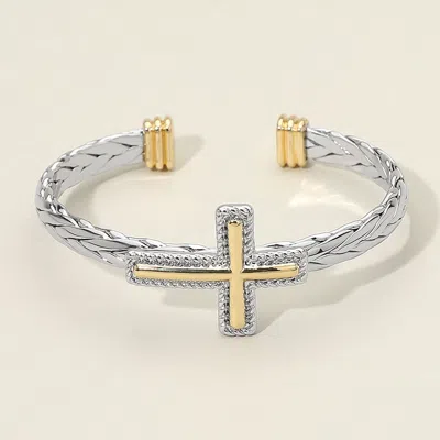 Fashnzfab Two Tone Cross Accent Braided Cuff Bracelet - Two Tone In Multi
