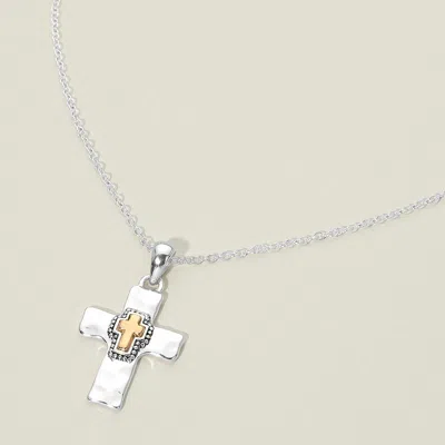 Fashnzfab Two Tone Cross Pendant Necklace In Silver