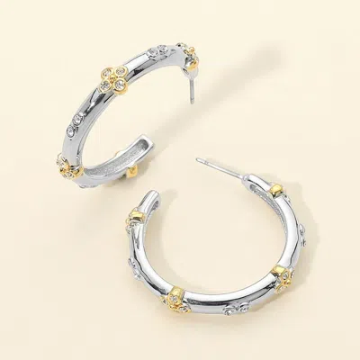 Fashnzfab Two Tone Crystal Floral Accent Hoop Earrings In Multi