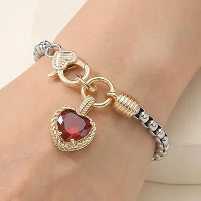 Fashnzfab Two Tone Cz Stone Heart Charm Bracelet In Gold