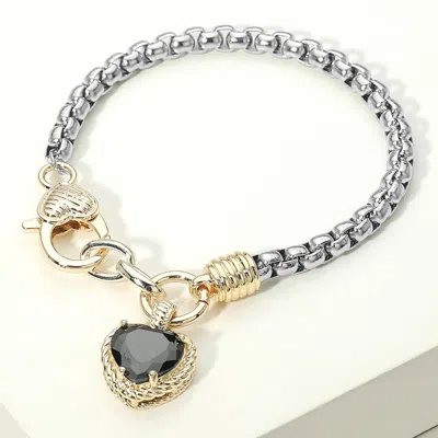 Fashnzfab Two Tone Cz Stone Heart Charm Bracelet In Multi