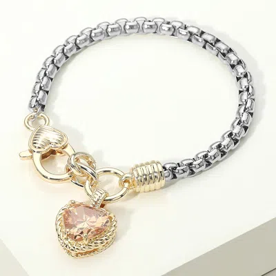 Fashnzfab Two Tone Cz Stone Heart Charm Bracelet In White