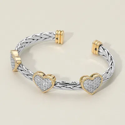 Fashnzfab Two Tone Cz Stone Pave Triple Heart Accent Braided Cuff Bracelet - Two Tone In Multi