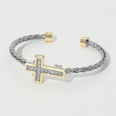 Fashnzfab Two Tone Cz Stone Paved Cross Accent Braided Cuff Bracelet Two Tone In Metallic