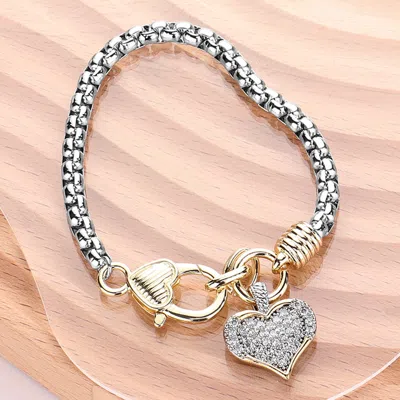 Fashnzfab Two Tone Cz Stone Paved Heart Charm Pointed Bracelet Two Tone In Multi