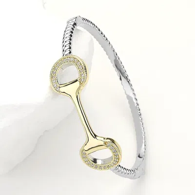 Fashnzfab Two Tone Cz Stone Paved Horsebit Accented Hinged Bangle Bracelet In Silver
