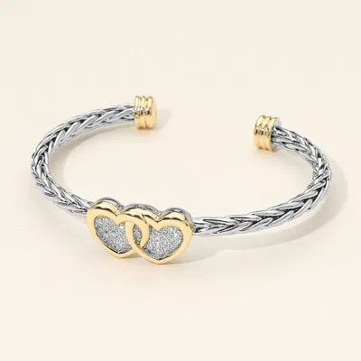 Fashnzfab Two Tone Cz Stone Paved Interlocking Double Heart Accent Braided Cuff Bracelet - Two Tone In Metallic