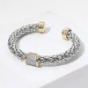 Fashnzfab Two Tone Cz Stone Paved Plate Accented Textured Cuff Bracelet Two Tone In Neutral