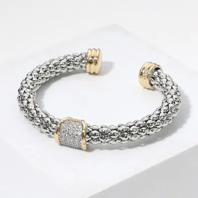 Fashnzfab Two Tone Cz Stone Paved Plate Accented Textured Cuff Bracelet Two Tone In Neutral