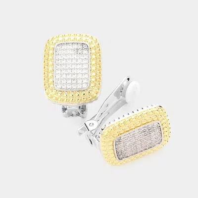 Fashnzfab Two Tone Cz Stone Paved Rectangle Clip On Earrings In Multi