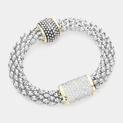 Fashnzfab Two Tone Cz Stone Paved Rectangular Pendant Magnetic Bracelet Two Tone In Multi