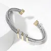 Fashnzfab Two Tone Cz Stone Paved Rope Cuff Bracelet In Metallic