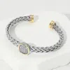 Fashnzfab Two Tone Cz Stone Paved Square Accent Braided Cuff Bracelet In Multi