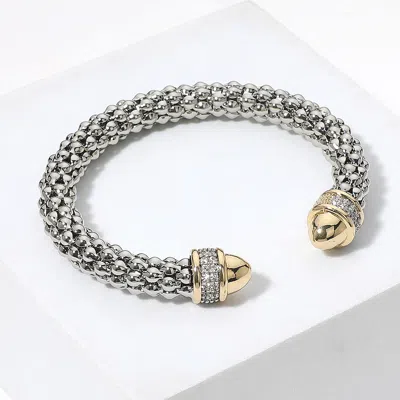 Fashnzfab Two Tone Cz Stone Paved Tip Textured Cuff Bracelet - Two Tone In Multi