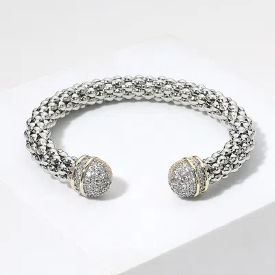 Fashnzfab Two Tone Cz Stone Paved Tip Textured Cuff Bracelet Two Tone In Multi