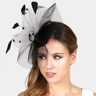Fashnzfab Two Tone Dotted Ruffle Mesh Feather Fascinator / Headband In Black