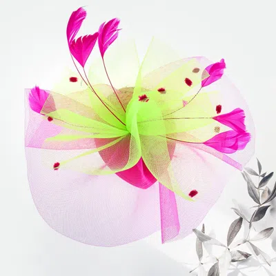 Fashnzfab Two Tone Dotted Ruffle Mesh Feather Fascinator / Headband In Pink