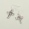 Fashnzfab Two Tone Double Cross Charm Dangle Earrings - Two Tone In Silver