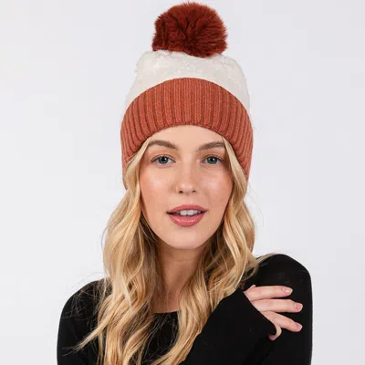 Fashnzfab Two Tone Fleeced Pom Pom Beanie Hat In Brown