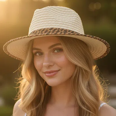 Fashnzfab Two Tone Geometric Pattern Band Matching Brim Trim Straw Fedora Sun Hat In Sand