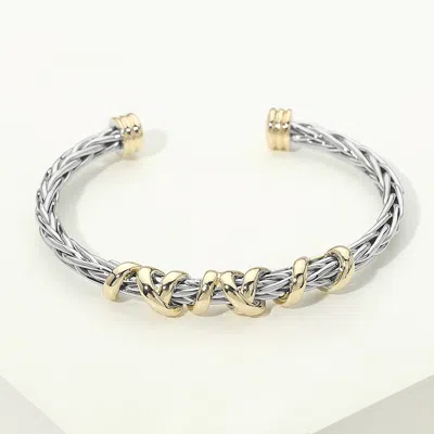 Fashnzfab Two Tone Interlocking Knot Accent Braided Cuff Bracelet In Silver