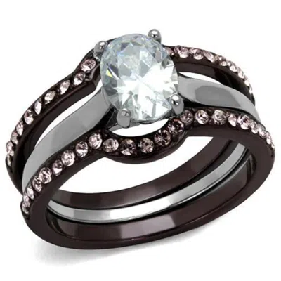Fashnzfab Two Tone Ip Dark Brown (ip Coffee) Stainless Steel Ring With Aaa Grade Cz In Clear In Red