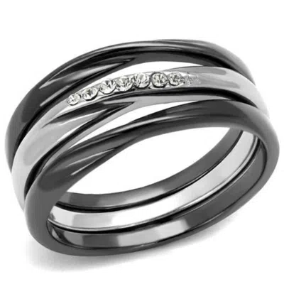 Fashnzfab Two Tone Ip Light Black Stainless Steel Ring With Top Grade Crystal In Clear In Multi