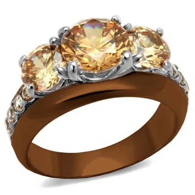 Fashnzfab Two Tone Ip Light Brown (ip Light Coffee) Stainless Steel Ring With Aaa Grade Cz In Champagne In Gold