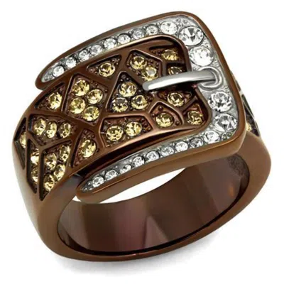Fashnzfab Two Tone Ip Light Brown (ip Light Coffee) Stainless Steel Ring With Top Grade Crystal In Citrine Yel In Orange