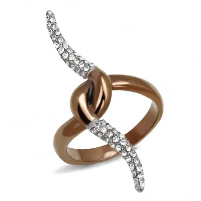 Fashnzfab Two Tone Ip Light Brown (ip Light Coffee) Stainless Steel Ring With Top Grade Crystal In Clear In Multi