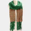 Fashnzfab Two Tone Knit Striped Fringe Oblong Scarf In Green