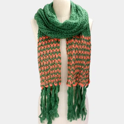 Fashnzfab Two Tone Knit Striped Fringe Oblong Scarf In Green
