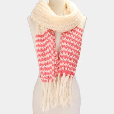 Fashnzfab Two Tone Knit Striped Fringe Oblong Scarf In White