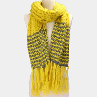 Fashnzfab Two Tone Knit Striped Fringe Oblong Scarf In Yellow