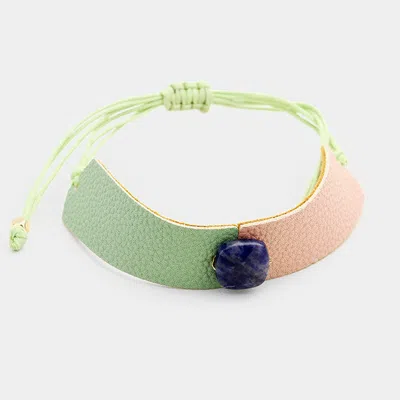 Fashnzfab Two Tone Leather Square Bead Accented Adjustable Cinch Pull Tie Bracelet Mint, Pink In Blue