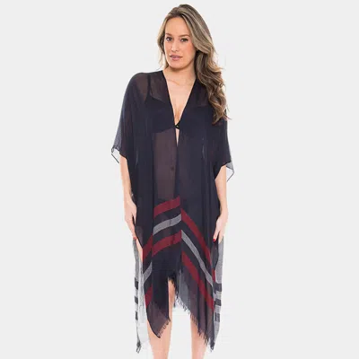 Fashnzfab Two Tone Line Long Cover-up Cardigan Poncho In Blue