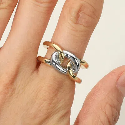 Fashnzfab Two Tone Metal Chain Link Ring - Gold, Rhodium In Metallic