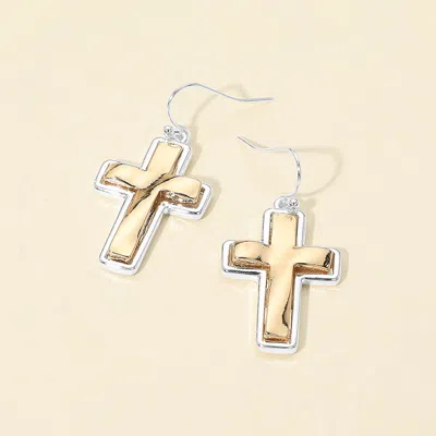 Fashnzfab Two Tone Metal Cross Charm Drop Earrings In Gold