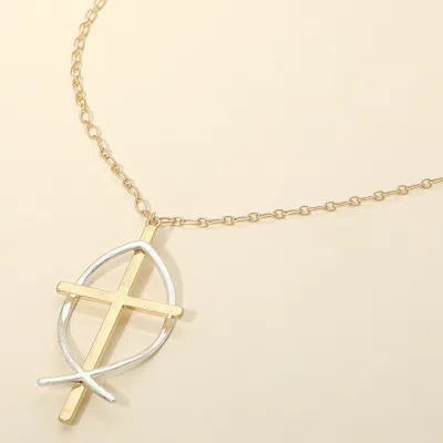 Fashnzfab Two Tone Metal Cross Fish Symbol Pendant Long Necklace In Multi
