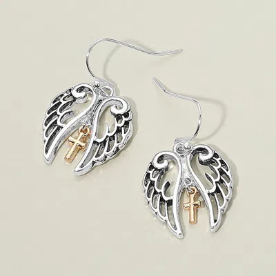 Fashnzfab Two Tone Metal Cross Tip Angel Wing Dangle Earrings In Metallic