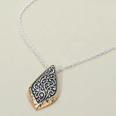 Fashnzfab Two Tone Metal Intricate Artisan Leaf Pendant Necklace In Gold
