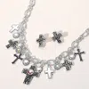 Fashnzfab Two Tone Metal Intricate Scroll Cross Stone Cluster Charm Embellished Necklace In Multi