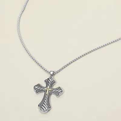 Fashnzfab Two Tone Metal Ornate Cross Pendant Necklace - Two Tone In Multi