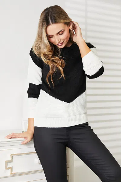 Fashnzfab Two-tone Openwork Rib-knit Sweater In Black