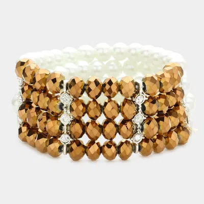 Fashnzfab Two Tone Pearl Glass Bead Stretch Bracelet Brown, White In Gold