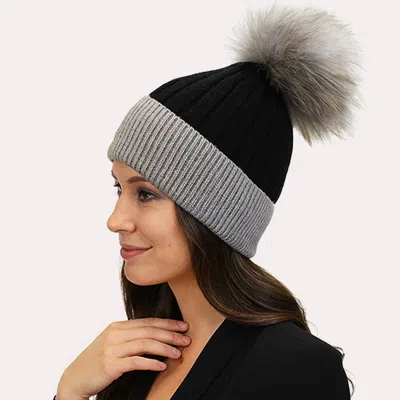 Fashnzfab Two Tone Real Fur Pom Knit Winter Beanie Hat In Black